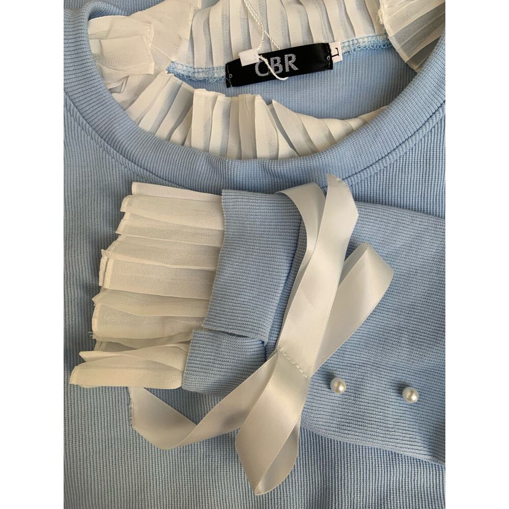 NWT CBR Blue Ruffled Collar Beaded with Bows Long Sleeved Blouse Women's Large - Picture 6 of 11